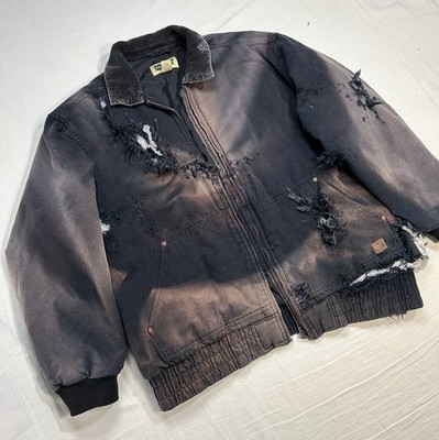 VTG Carhartt/Designer Style CRAZY Y2K Faded Thrashed Detriot Jacket Bullet Holes