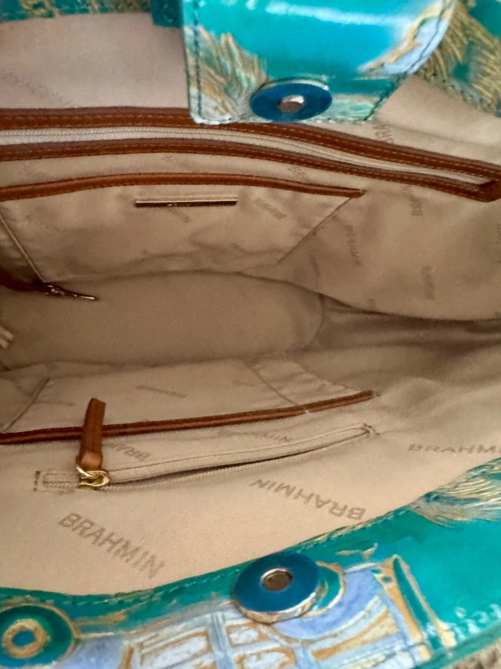 Brahmin Mira Dream Copa Cabana Market Leather Tote Bag Teal Cars Palm Trees NEW - Image 4 of 4