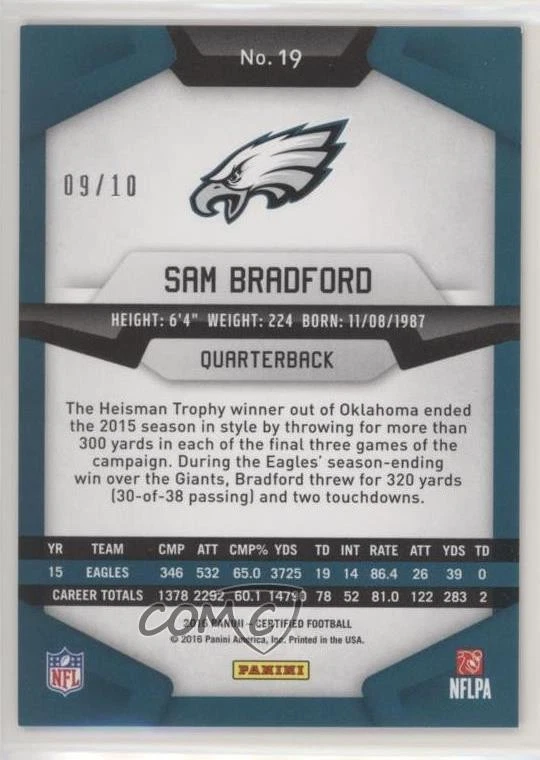 2016 Certified Mirror Purple /10 Sam Bradford #19 - Image 2 of 2