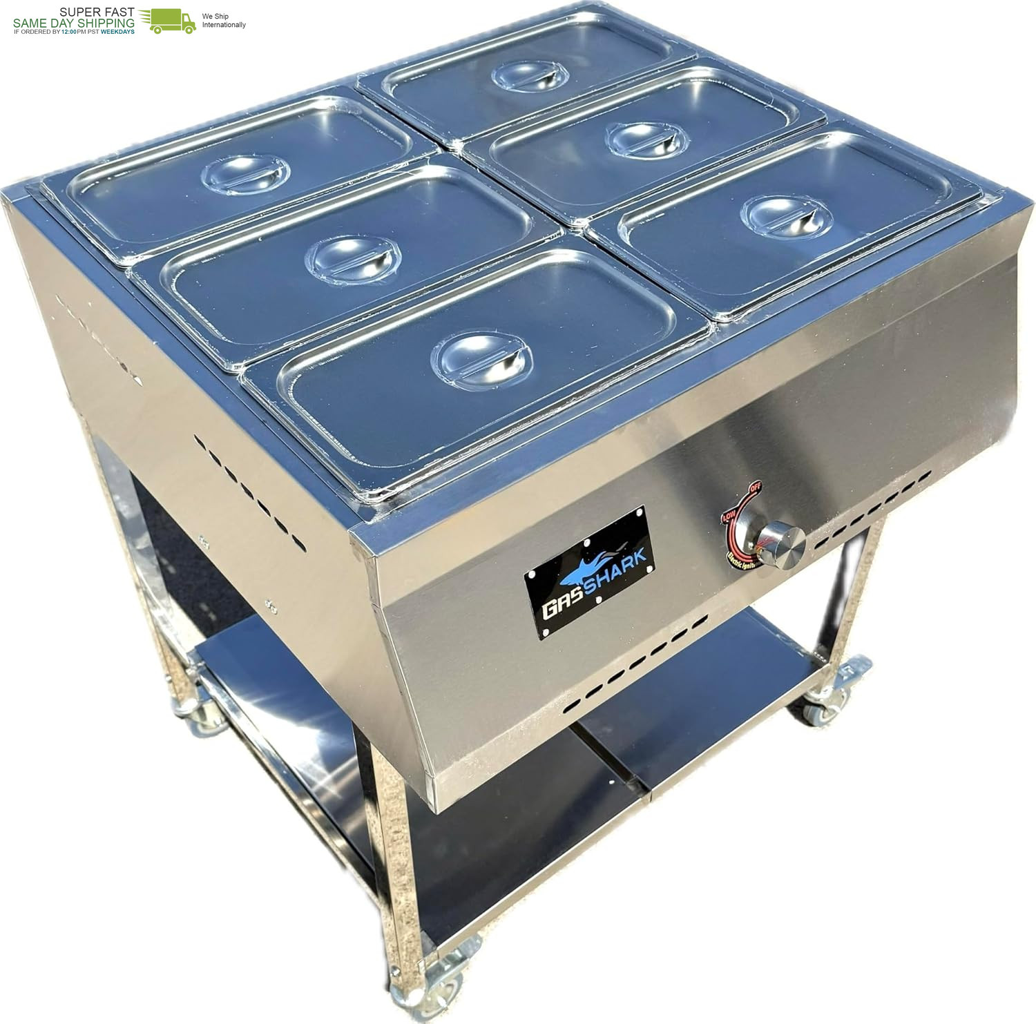 Gas Shark 6 Container Pan Outdoor Steam Table Food Warmer Ca