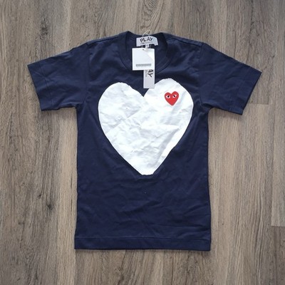COMME DES GARCONS CDG PLAY WHITE BIG HEART EYE RED LOGO T-SHIRT NAVY WHITE XS