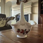 Vintage Fenton Hand Painted Milk Glass Basket Rose Poinsettia Artist signed