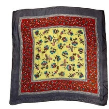 Vintage 1970s Large Silk Scarf Floral Print Blue Red Yellow 35" Square