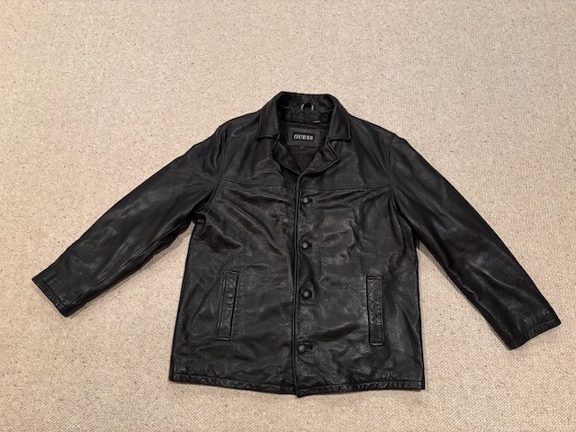 Men's Black Leather Jacket, Hugo Boss, Size Large, Car Coat