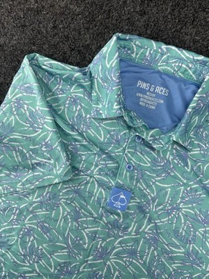 Pins & Aces Men s Medium Golf Polo Green Blue Leaf Print Performance Shirt