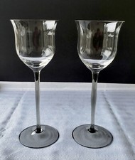 Superb Pair Hand Blown Tall Smoke Stemmed Wine Glasses with Clear Tulip Bowls
