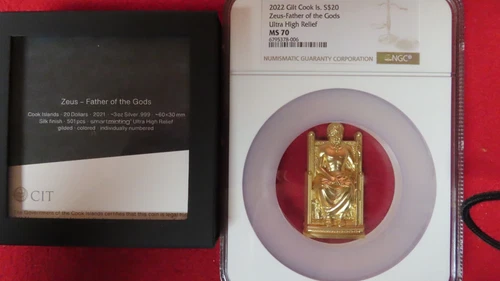 2022 Cook Islands Gold Gilt Gild 3 ounce Silver Greek God Zeus NGC MS70