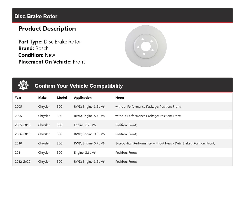 Rotor de freno de disco delantero QuietCast Bosch 2005-2020 Chrysler 300 Bosch 2006 2007 2008 Foto 2 de 4