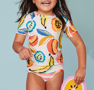 Tea Collection Girl's Short Sleeve Tropical Fruit Printed Swim Rash Guard Sz 10