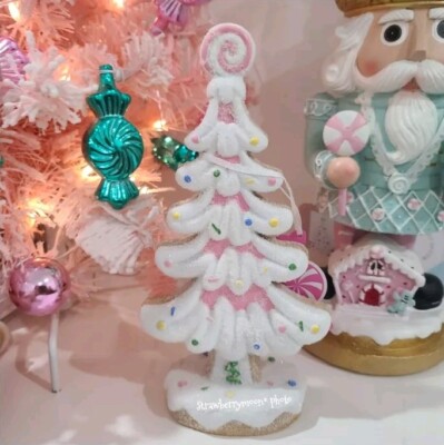 Pink Gingerbread Cookie Christmas Tree Icing Frosted Sugared Figure Decor 9.5'' 