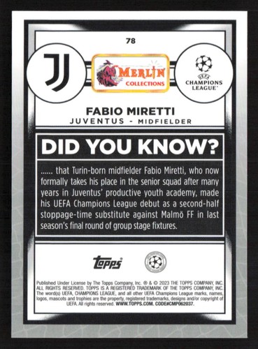2023 Topps Merlin #78 Fabio Miretti Pink Mojo Refractor - Picture 2 of 2
