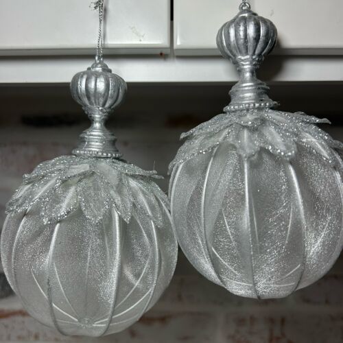 2 Large 6.5” Sheer White Silver Balls Glitter Christmas Ornaments - Picture 1 of 3