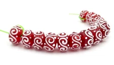 New 15 pc set Lampwork Glass Hand Crafted Beads, Brick RED & White Swirls Beads!