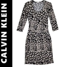 Calvin Klein Dress Black & Cream Print Rushed Side Front & Back 3/4 Sleeves Sz 2