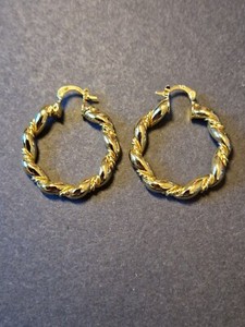 Authentic GOLD PLATED SILVER BAMBOO SHAPED 35MM ROUND EARRINGS & FREE GIFTBAG,