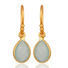 Aqua Chalcedony Gemstone Yellow Gold Plated 925 Silver Dangle Earrings