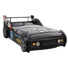 Twin Size Race Car-Shaped Wooden Platform Bed Frame w/Headboard Wheels for Kids