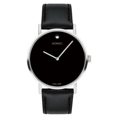 MOVADO SIGNATURE 0607589 40MM  BLACK LEATHER STRAP SILVER MENS WATCH