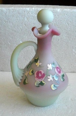 OOAK 2000 GIBSON Hand Painted Rose & Green Burmese Satin Glass Cruet OS