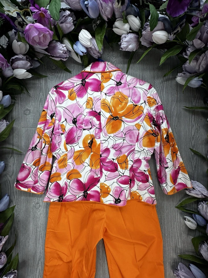 CHADWICKS 2 Piezas Pantalón Traje Chaqueta Blazer 4P Naranja Preppy Mujeres Flores Foto 3 de 4