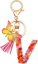 Initial Letter Keychains for Girls Women Pink Purple Green Cute Butterfly Heart