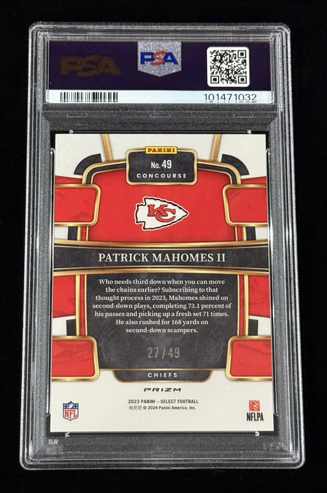 Patrick Mahomes II 2023 Panini Select Red Disco Prizm #’d/49 PSA 10 GEM MINT view 2