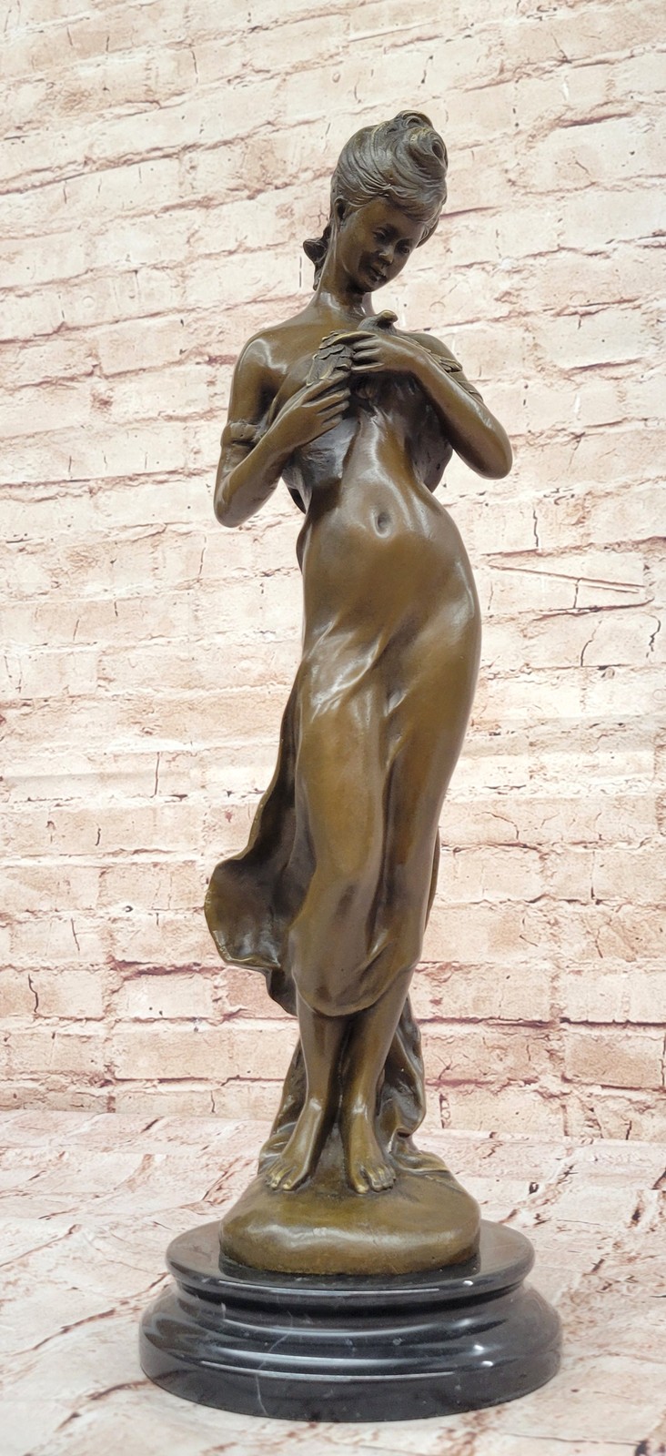 Vintage Style Girl Holding Love Bird Bronze Sculpture Art Nude Figurine Figure