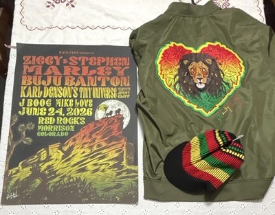 Stephen Marley Babylon By Bus Tour Jacket 2XL Red Rock tour poster and hat.