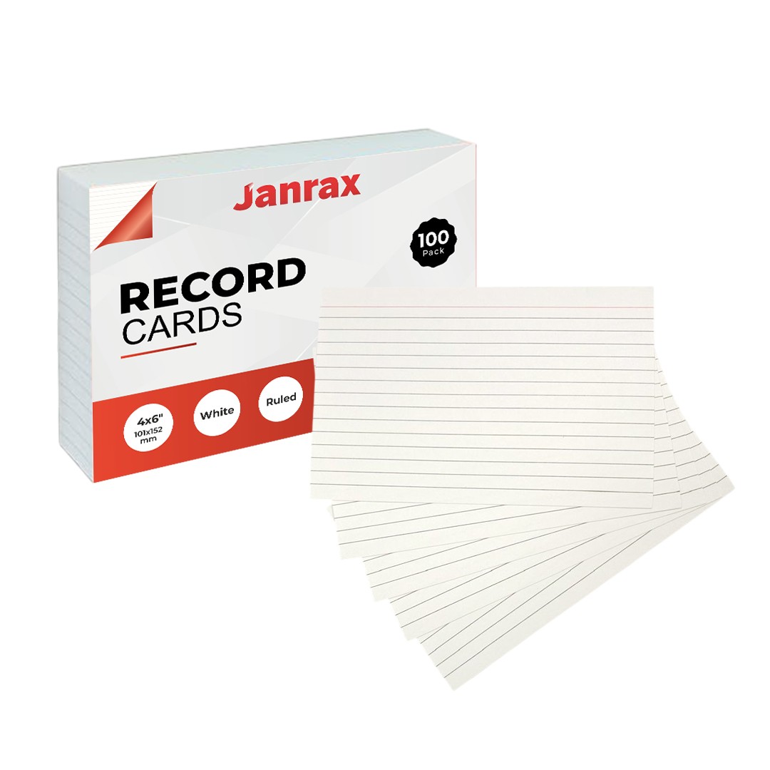 Pack of 100 White Ruled 6x4"" Record Cards – Lined Index Cards for Note, Revision