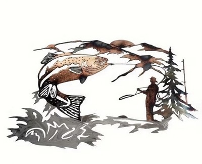Trout Fishing Scene Metal Wall Art, 11.61.'' x 6.61'' 2D Flat; Unique; Mancave NEW