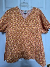 UA Scrubs Scrub Top size L-Orange/Yellow Geometric Mock Wrap-Chest 25.5"/L 28"