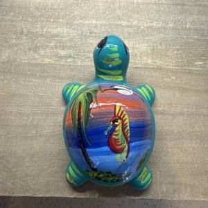 Mexico Talavera Teal Turtle With Sea Horse Hand Painted Mexican Trinket Box