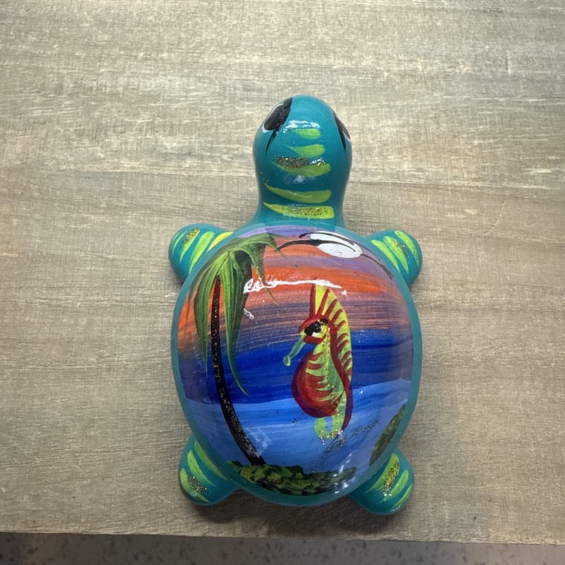 Mexico Talavera Teal Turtle With Sea Horse Hand Painted Mexican Trinket Box
