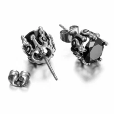 2pcs Mens Womens Gothic Punk Stainless Steel Round Cubic Zirconia Stud Earrings
