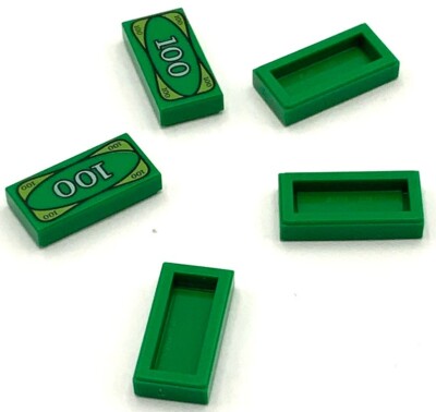 Lego 5 New Green Tiles Flat Smooth 1 x 2 w/ Currency Money 100 Bills Note Parts