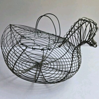 Vintage Metal Wire Egg Holder Gathering Basket W/ Handles Chicken Duck Figural 