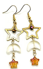 Glass Crescent Moon  Stars Dangle Drop Earrings Stainless Steel Gold Star