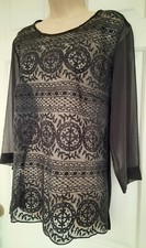 MANGO Black Blouse Top Womens MEDIUM WORN ONCE 3/4 Sleeve Lace Party Evening