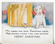 VTG CHRISTMAS ART DECO CARD 5x4 Embossed Puppy Red Bow Out of Wood Crate