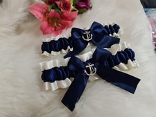Navy and ivory satin anchor wedding set nautical Garter sailor Garter beach blue