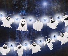 Halloween White Ghost String Lights With Ghosts Cutouts 9.84ft Banner, Clips NEW