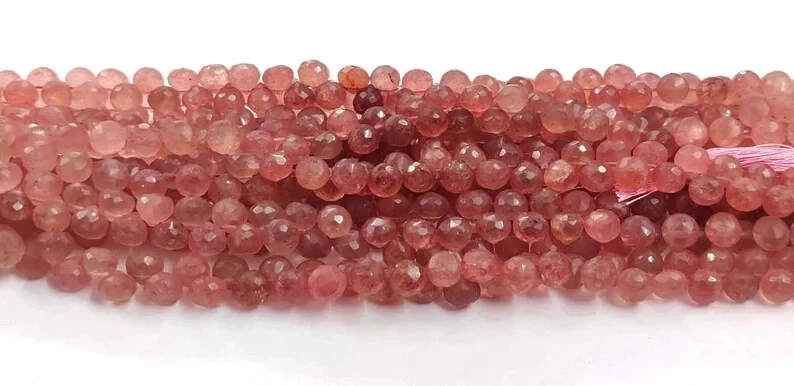 8" AAA Fresa Cuarzo Facetado Cebolla Forma Cuentas Natural Rosa Fresa Cuarzo Foto 4 de 4