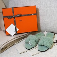 BNIB AUTHENTIC HERMES ORAN SANDALS LAINEE TEDDY FUZZY VERT D'EAU GREEN 37.5 7.5