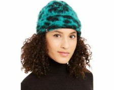 DKNY Green/Black Fuzzy Animal Print Beanie One Size