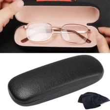 NEW Clam Shell Hard Eyeglasses PU Glasses Case Black w/Microfiber Cleaning Cloth