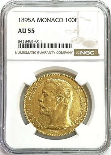 1895 A GOLD MONACO 100 FRANCS ALBERT I COIN NGC ABOUT UNC 55 PARIS MINT