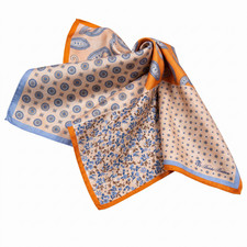NWOT Brooks Brothers Orange  Blue Multi Print Silk Pocket Square ITALY 13"