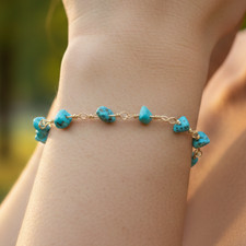 Handmade Turquoise Bead Bracelet  Elegant Gold Tone Boho Brass Chain Jewelry