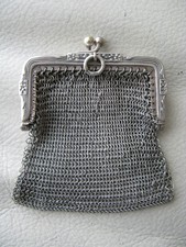 Antique Chatelaine Art Nouveau Alpaca 800 Silver Floral Frame Mesh Coin Purse