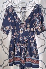 Ash  Violet Blue Floral V-Neck Tie Waist Romper Short Sleeve Lined M